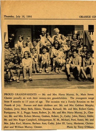 Proud Grandparents - Mr. and Mrs. Harry Murray, Sr., Main Street Chester proudly sit with their twenty-two grandchildren. Thursday, July 16, 1964. chs-006151